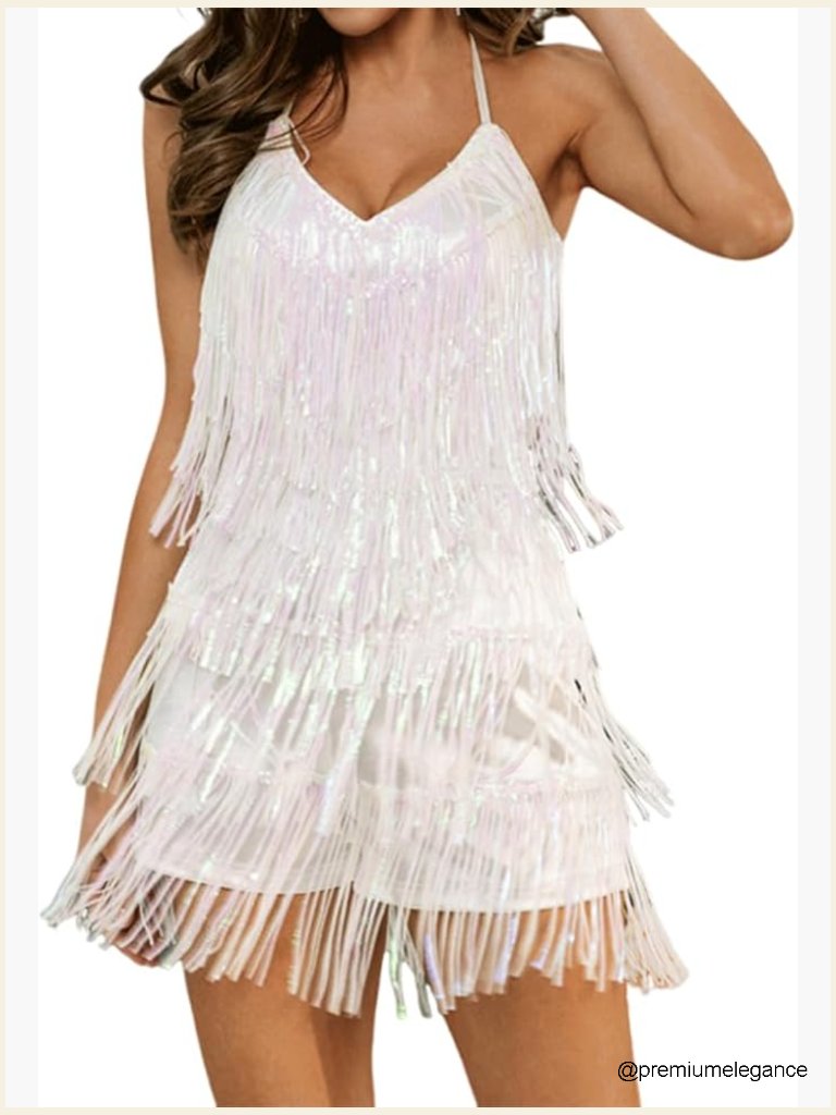 Sleeveless V Back Sequins Fringe Jumpsuit Romper Party Nightclub Dress